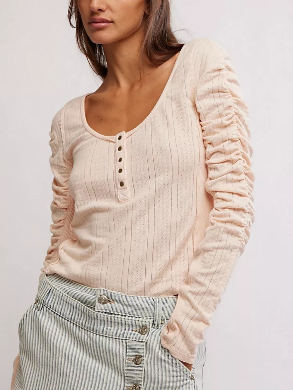Free People We The Free Pink Pointelle Ruched Hope Henley Long Sleeve Top